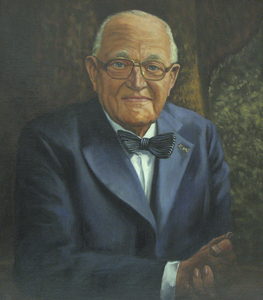 862216 Afbeelding van een geschilderd portret van Dirk Pieters ('Do') Schat (1897-1981), tentoongesteld in de ...